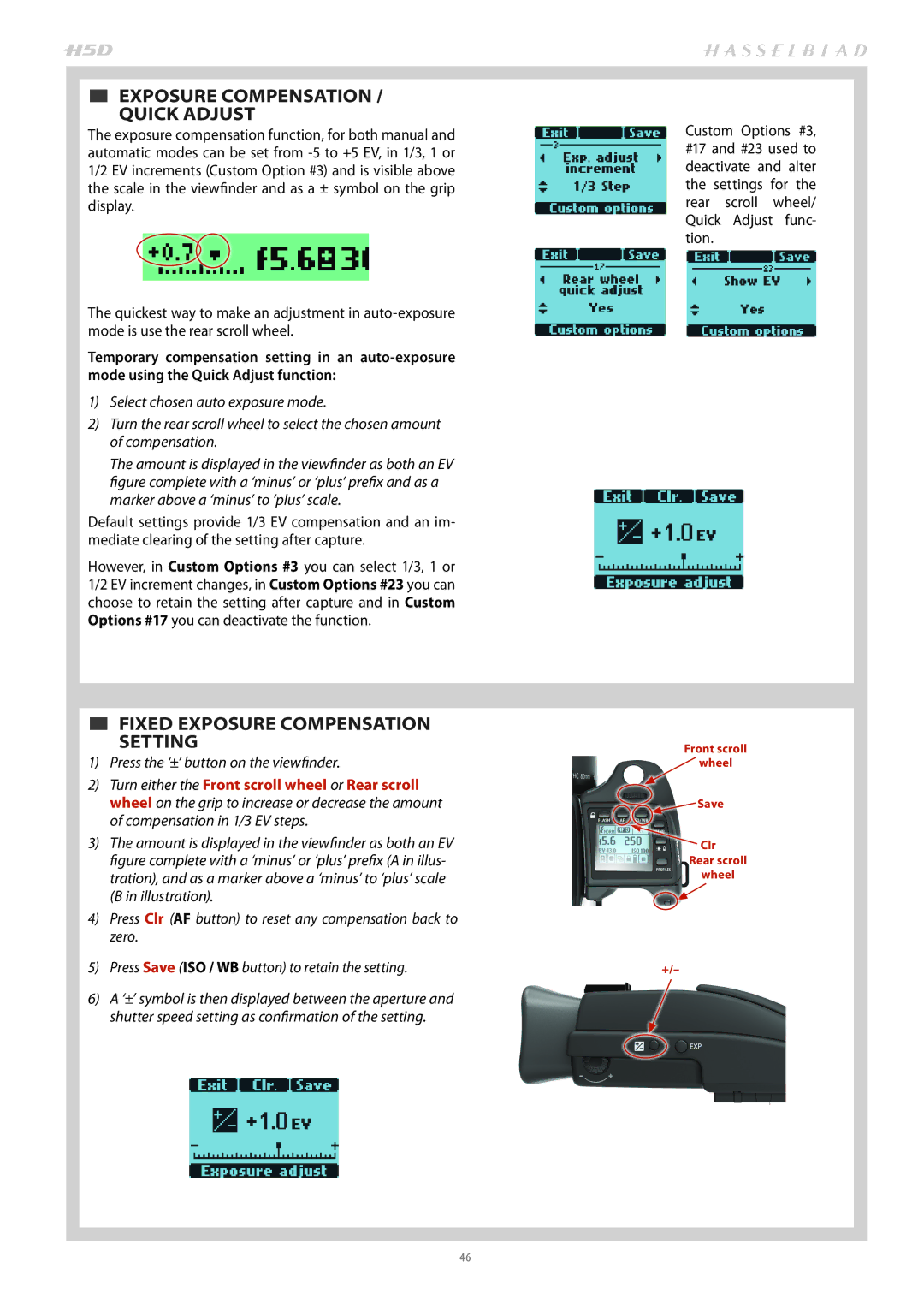 Hasselblad H4D200MS user manual  FIXED Exposure Compensation Setting,  EXPOSURE Compensation / Quick Adjust 